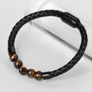 Black Braided Bracelet with Tiger Eye Beads