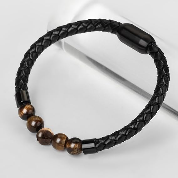 Black Braided Bracelet with Tiger Eye Beads